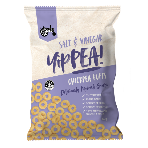 Yippee! Salt & Vinegar Chickpea Puffs packaging on a white background