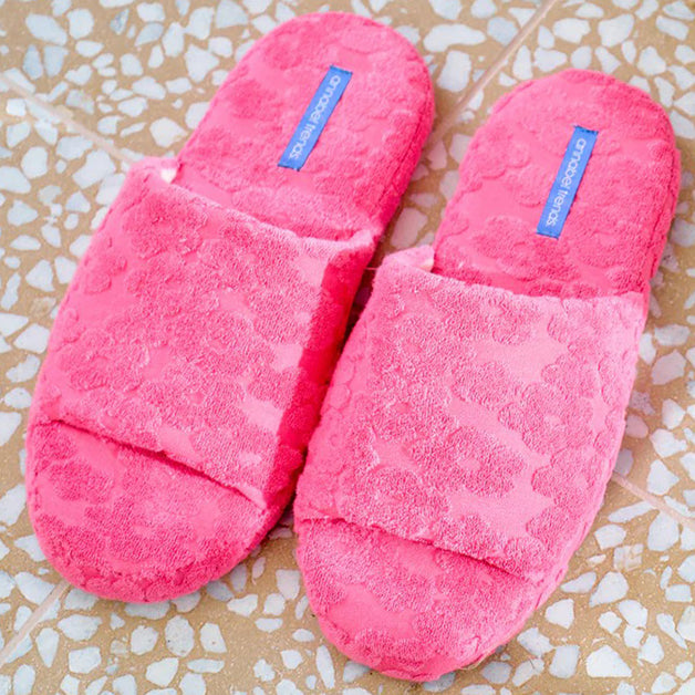 Pink Flower Terry Slide Slippers - Large