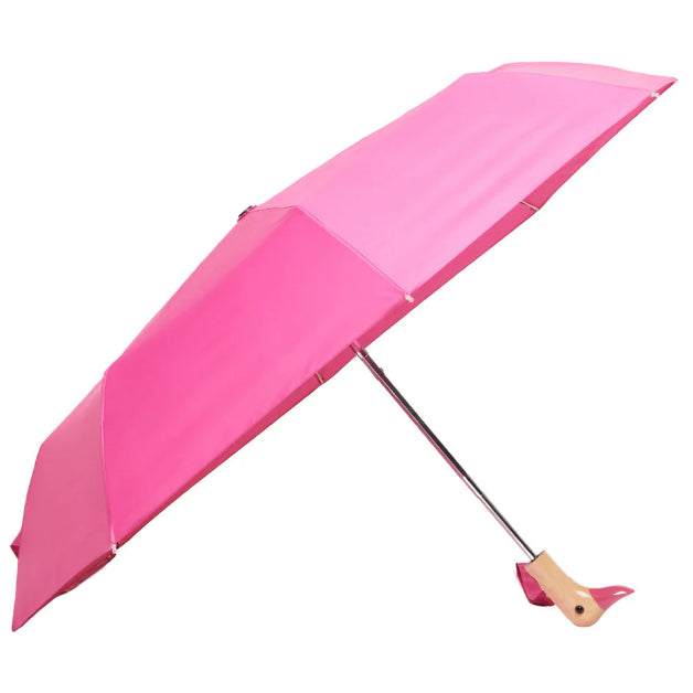 Pink umbrella with a unique handle design on a white background